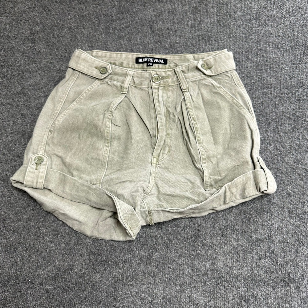 Blue Revival Shorts Womens Size 26 Green Cotton Pleated High Rise Cuffed Utility